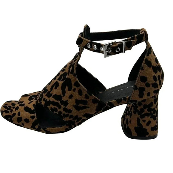 Topshop Womens 8 Leopard Animal Print Suede Chunky Block Heel Shoe Ankle Strap - Picture 4 of 14